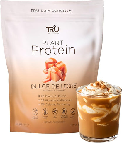 TRU Supplements Plant Based Protein Powder, BCAA, EAA, 20g Vegan Brown Rice & Pea Protein, 100 Calories, 27 Vitamins, No Artificial Flavors 25 Servings 25 Servings (Dulce De Leche)