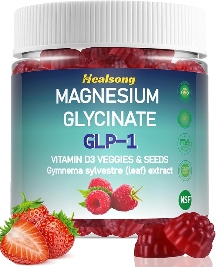 GLP-1 Magnesium Glycinate Gummies Supplements with Magnesium Malate & Taurate | Vitamin D3 Spinach | Kale | Broccoli | 90 Count with Gymnema Sylvestre, Green Tea Phytosome (Raspberry)