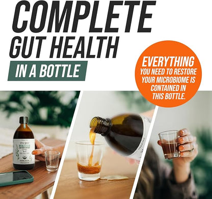 Flora Biome - Live Probiotic, Prebiotic, & Postbiotic – Organic Live-Culture – 10 Probiotic Strains, 18 Fermented Herbs - Complete Gut Health & Microbiome Optimizer (16 oz)