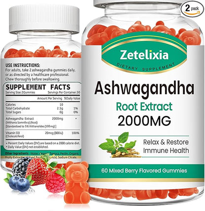 2 Pack Ashwagandha Gummies, Extra Strength Vitamin D3, Organic Ashwa Root Extract Supplement for Calm Mood Relaxation and Immune Support, Mixed Berry Vegan Chews 120 Count