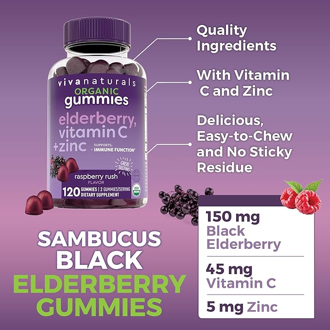 Viva Naturals Sambucus Elderberry Gummies for Adults - 150mg Black Elderberry Vitamin C and Zinc, 3-in-1 Daily Immune Support Gummies, Raspberry Rush Flavor, USDA Organic, Non-GMO, (120 Count)