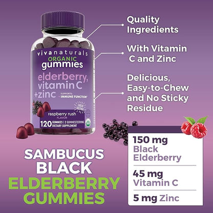 Viva Naturals Sambucus Elderberry Gummies for Adults - 150mg Black Elderberry Vitamin C and Zinc, 3-in-1 Daily Immune Support Gummies, Raspberry Rush Flavor, USDA Organic, Non-GMO, (120 Count)