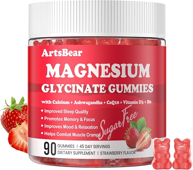 Magnesium Glycinate Gummies 1000mg with Calcium, Vitamin D3, B6 & CoQ10 - Strawberry, 90 Count - Calm Supplement for Sleep, Muscle Cramps & Stress Relief | Ashwagandha | Sugar-Free & Vegan