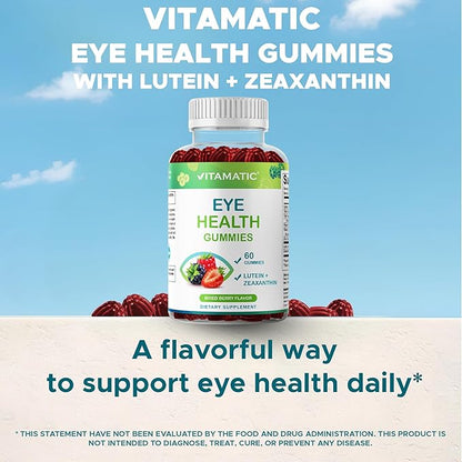 Vitamatic Eye Health Gummies with Lutein, Zeaxanthin, Vitamin C, E & Zinc – Mixed Berry Flavor – 60 Gummies –Non-GMO, Gluten-Free