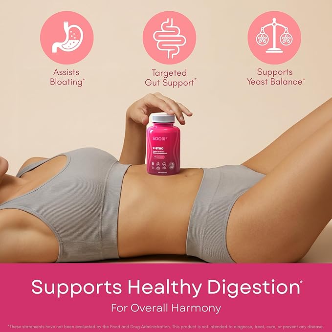 SOON+ Vaginal Probiotics for Women, V-Sync Vaginal Probiotic with Lactobacillus, Cranberry & Prebiotics, Support pH Balance for Women, Urinary Health Digestive Support, 6 Billion CFU, 60 Capsules