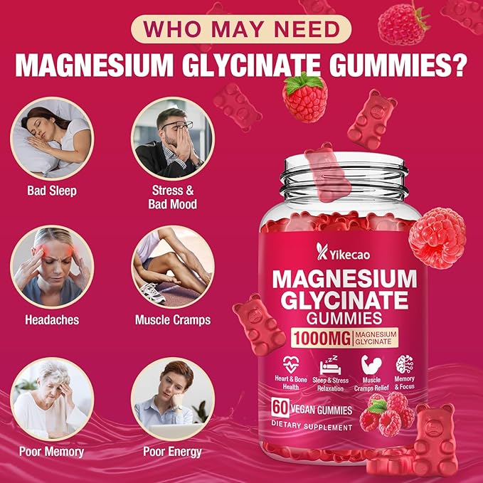 Magnesium Glycinate Gummies 1000mg, Magnesium Gummies for Adults & Kids with L-Threonate, Magnesium Supplement for Relaxation, Calm, Sugar Free, Raspberry Flavor, 60 Count