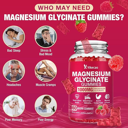 2 Pack Magnesium Glycinate Gummies 1000mg，Magnesium Gummies for Adults & Kids with L-Threonate, Magnesium Supplement for Relaxation, Calm, Sugar Free, Raspberry Flavor, 120 Count