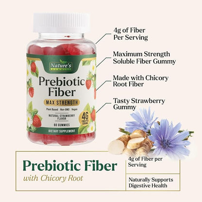 Prebiotic Fiber Gummies - 4g Dietary Fiber Per Serving - Extra Strength Daily Supplement for Adults - Tasty Strawberry Flavor - Plant Based Digestive and Regularity Support - 60 Gummies