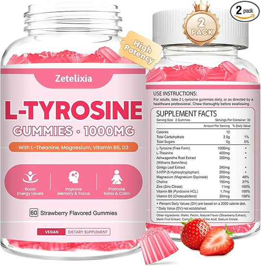 L Tyrosine Gummies, 2 Pack 10-in-1 L-Tyrosine Supplement, Tyrosine Gummies with L-Theanine B6 D3, Support Cognitive, Memory, Energy, Mood for Adult & Kids, Strawberry Flavor, 120 Ct