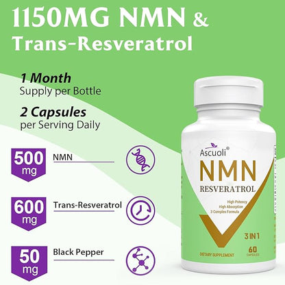 99% Ultra Purity NMN 500mg + Trans-Resveratrol 600mg, 1150mg NMN Resveratrol Supplement, 3-in-1 Advanced Formula for Boost* NAD, Cell, Immune, Energy & Muscle, Healthy Aging, Stabilized Form - 60 Caps