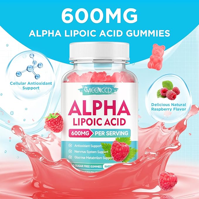 MEENCCD Alpha Lipoic Acid Gummies 600mg - ALA Supplement for Antioxidant Support, Vegan, Sugar-Free, Raspberry Flavor, 60 Count