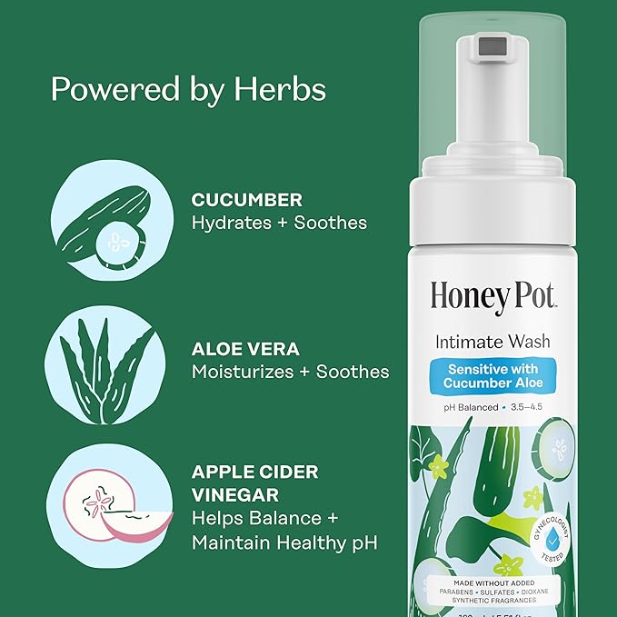 The Honey Pot Company - Feminine Wash - Herbal Infused - Sensitive Skin Types - PH Balanced Plant Based Hygiene Products - Sensitive w/Cucumber Aloe - 5.51 Fluid Oz.