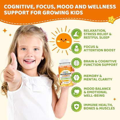 Magnesium Glycinate Gummies for Kids, Brain Supplement for Memory and Focus with Phosphatidylserine, L-Theanine, Zinc for Kids & Adults Sleep Cognition Calm, Strawberry & Banana Flavor 120ct