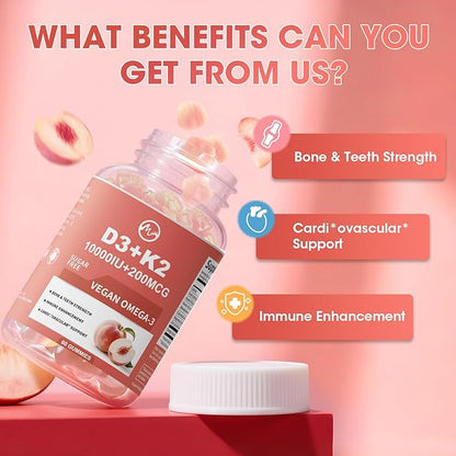 M inch Vitamin D3 K2 Gummies, Vitamin D3 10000IU, K2 (MK-7) 200mcg, 6-in-1 Vitamina D3 Con K2 Supplement with Omega-3, Magnesium and Calcium for Bones, Teeth & Immune Support, Sugar Free, 2 Packs