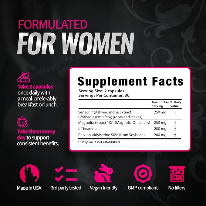 Cortisol Support for Women - Stress & Mood Balance Supplement with Sensoril® Ashwagandha, Magnolia Bark, L-Theanine & Phosphatidylserine - Supports Calm, Focus & Sleep Quality (60 Vegan Capsules)