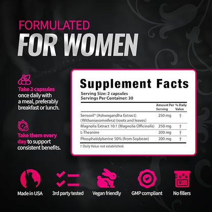 Cortisol Support for Women - Stress & Mood Balance Supplement with Sensoril® Ashwagandha, Magnolia Bark, L-Theanine & Phosphatidylserine - Supports Calm, Focus & Sleep Quality (60 Vegan Capsules)