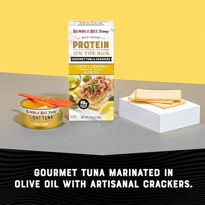Bumble Bee Prime Protein on the Run Tuna Snack Kit - Gourmet Tuna Marinated in Olive Oil & Zesty Lemon with Crackers and Serving Utensil - 19g of Protein Per Serving (Pack of 3), Easy Open Cans