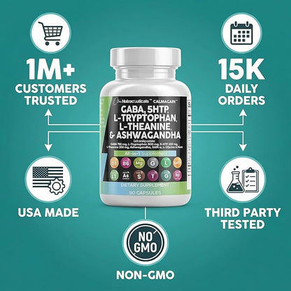 Clean Nutraceuticals GABA 750mg 5 HTP 200mg L Tryptophan 500mg L Theanine 200mg Ashwagandha SAM-e L-Glycine - Mood Support Vitamins for Women and Men with L-Tyrosine 5-HTP (5-Hydroxytryptophan)