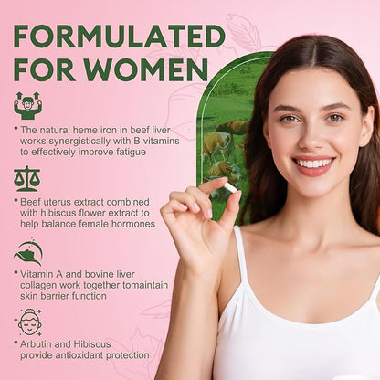 Beef Organ Supplement for Women - Beef Liver, Kidney, Heart,Uterus Tissue - Balance Hormones & Women's Overall Energy - Grass Fed, Pasture Raised - Natural Iron Supplement with Folate - 120 Capsules