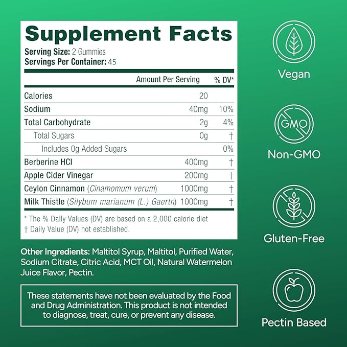 Purify Life Sugar-Free Berberine Gummies - with Ceylon Cinnamon, Milk Thistle & Apple Cider Vinegar - No More Capsules or Pills