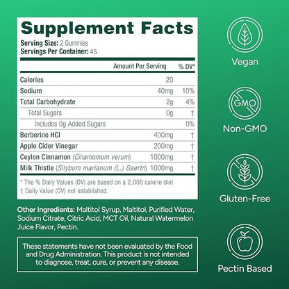 Purify Life Sugar-Free Berberine Gummies - with Ceylon Cinnamon, Milk Thistle & Apple Cider Vinegar - No More Capsules or Pills