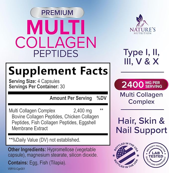Multi Collagen Pills 2400 mg Per Serving - Advanced Types I, II, III, V, X - Hydrolyzed Multi Collagen Peptides Pills Supplement for Women & Men - Hair, Skin, & Nail Support Supplements - 120 Capsules