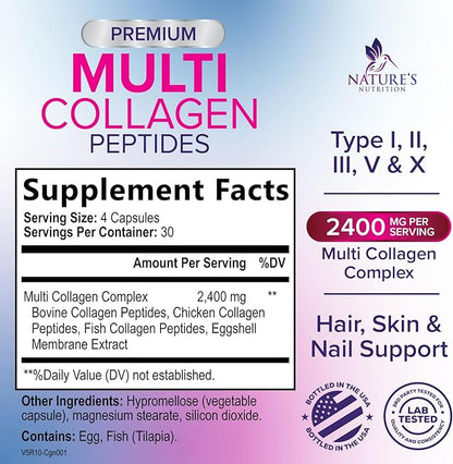 Multi Collagen Pills 2400 mg Per Serving - Advanced Types I, II, III, V, X - Hydrolyzed Multi Collagen Peptides Pills Supplement for Women & Men - Hair, Skin, & Nail Support Supplements - 120 Capsules