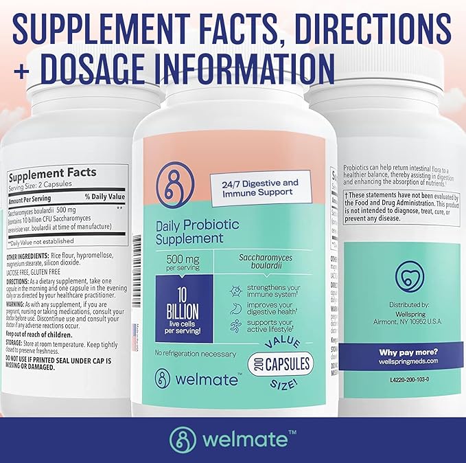 WELMATE - Daily Probiotic Supplement (200 Capsules) Saccharomyces Boulardii 500mg - 24/7 Digestive Support, Immune Support - 10 Billion CFU - Over-The-Counter Medication - Vegan, Gluten Free, Non GMO