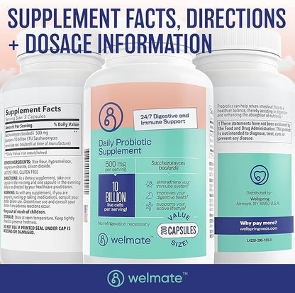 WELMATE - Daily Probiotic Supplement (200 Capsules) Saccharomyces Boulardii 500mg - 24/7 Digestive Support, Immune Support - 10 Billion CFU - Over-The-Counter Medication - Vegan, Gluten Free, Non GMO