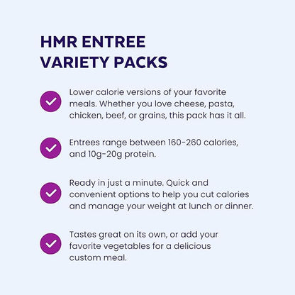 HMR Pasta Classics Entree Bundle 1 ea Penne Pasta w/Meatballs, 1 ea Rotini Chicken Alfredo, 2 ea Cheese & Basil Ravioli, and 2 ea Creamy Mac & Cheese, 7-8 oz, 6 Ready to Eat Meals