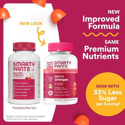 SmartyPants Multivitamin Gummy for Women 50 and Over, Omega 3 (DHA/EPA), Methylfolate, CoQ10, Vitamin D3, C, Vitamin B12, B6, A, K, Biotin, Gluten Free, 90 Count (30 Day Supply)