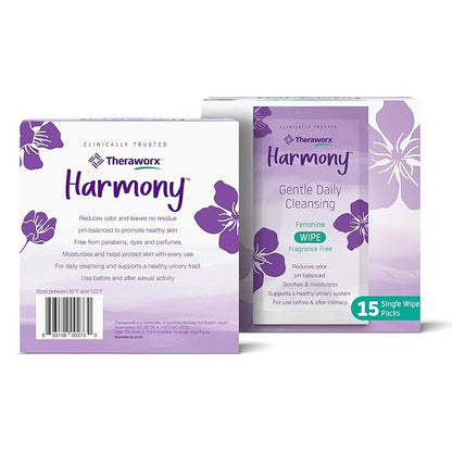 Theraworx Harmony Gentle Daily Cleansing Feminine Wipes Fragrance Free, Reduces Odor, Individually Wrapped, Travel Size – 15 Count (Pack of 4)