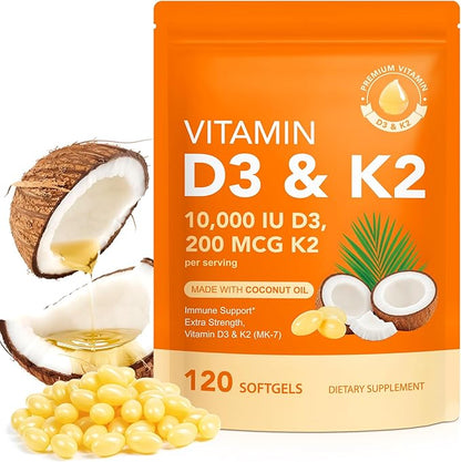 Vitamin D3 K2 with Coconut Oil - Vegan Vitamin D3 & Mk7 Vitamin K2for Bone & Immune Support - Non-GMO, Soy Free - 120 Softgels