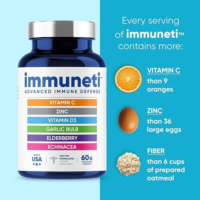 Immuneti Advanced Immune Support – Doctor Formulated 6-in-1 Daily Immunity Supplement – Made in USA – With Vitamin C, D3, Zinc, Elderberry, Garlic & Echinacea - Vital Nutrients & Antioxidants (5)