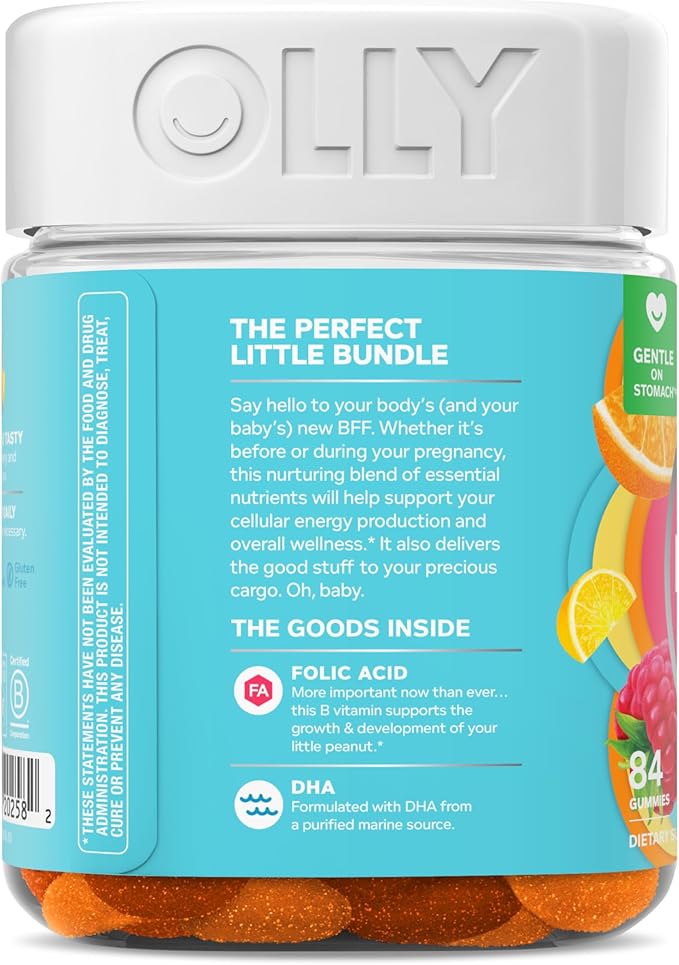 OLLY Essential Prenatal Gummy Multivitamin, Folic Acid, Vitamin D, Omega 3 DHA, Supports Healthy Growth and Brain Development, Citrus Berry - 84 Count