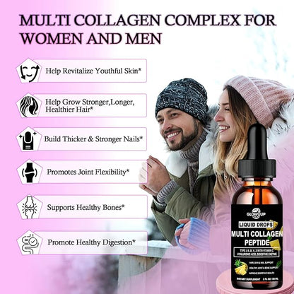 Multi Collagen Peptides Liquid Drops for Women & Men-Type I, II, III, V, X丨Hydrolyzed Collagen Peptides, Collagen Proteins W. Hyaluronic Acid, Biotin & Vitamin C for Hair Skin & Joint Gut Health