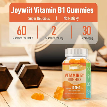 Vitamin B1 Gummies 100mg for Adults & Kids, Thiamine B1 Supplement with 600mg Calcium, Nervous System Supports & Boost Energy, Orange Flavor, Non GMO, Vegan, 120 Chewable Gummies