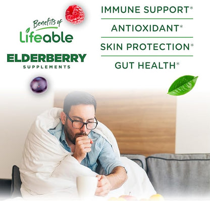 Lifeable Sugar Free Elderberry Gummies with Vitamin C and Zinc | Great Tasting Sambucus Elderberry Immune Support Supplement | Kosher, Vegan, Non GMO Black Elderberry for Adults | 60 Gummies