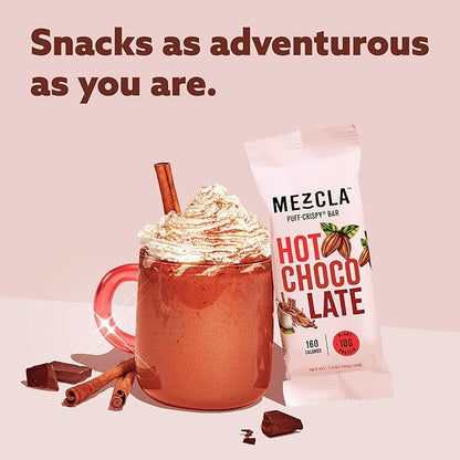 Mezcla Puff-Crispy Plant Based Protein Bars - Hot Chocolate - Healthy Snacks for Kids & Adults - Granola Bars for School, Travel, & Office Snacks - Gluten Free, Vegan, Non GMO, 10g Protein - 12 Count