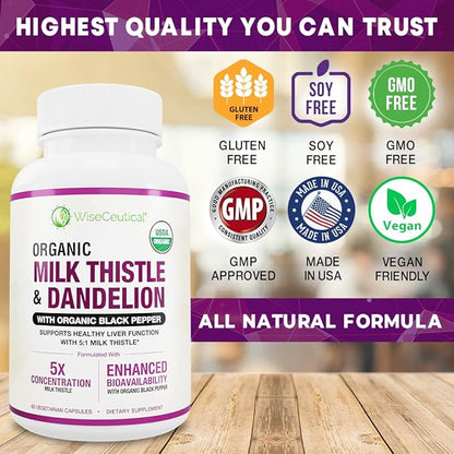 Max Absorption USDA Organic Milk Thistle Potent 5:1 Concentrated Extract (2000mg Strength) & Organic Dandelion Root | Silymarin Antioxidant Flavonoid | Liver Support Supplement (60 Count (Pack of 1))