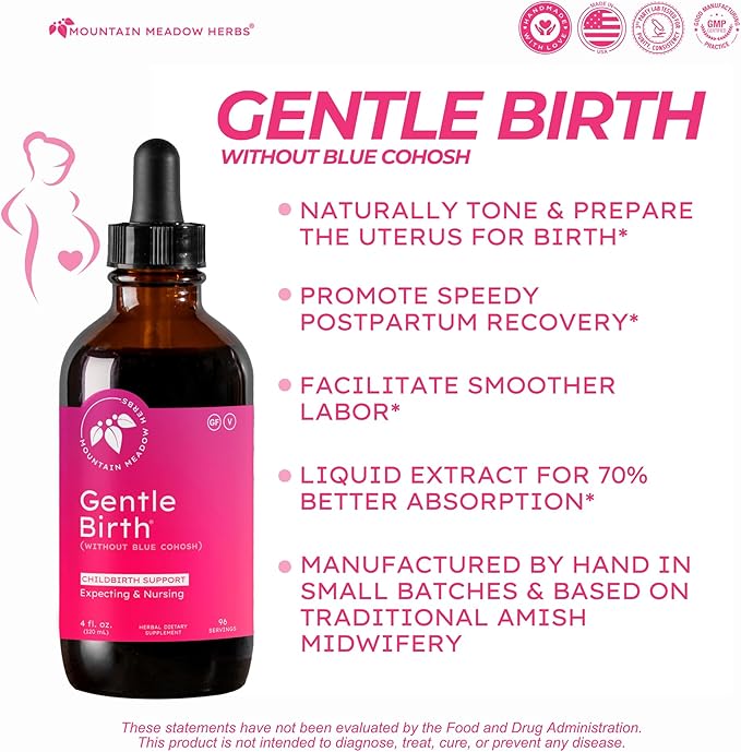 Mountain Meadow Herbs Gentle Birth for Birth Prep/Labor Prep, Fast Acting Liquid Herbal Extract for Childbirth Support w/o Blue Cohosh - 4oz