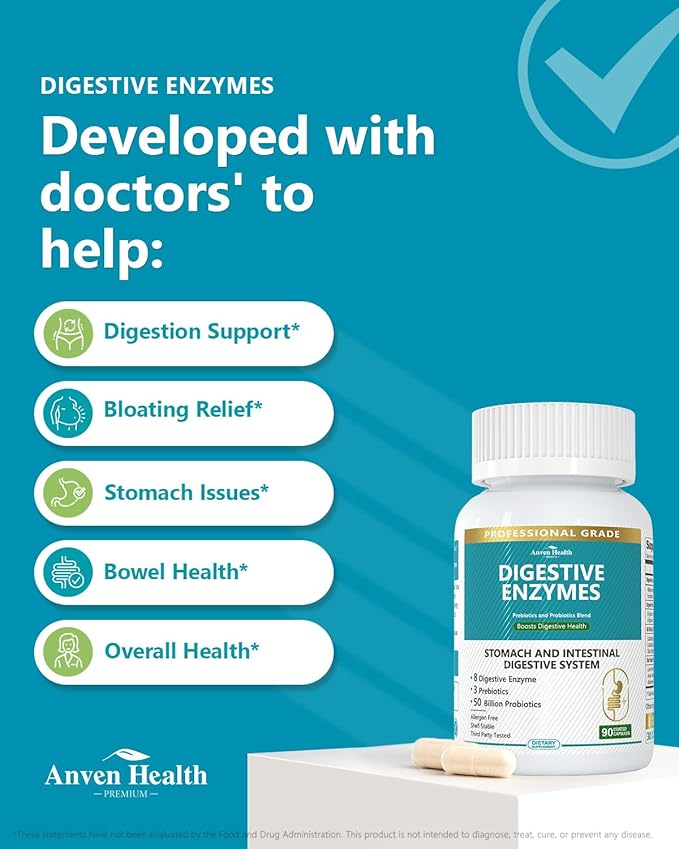 800mg Digestive Enzymes for Men and Women with Probiotics & Prebiotics, 8 Key Enzymes, Protease, Amylase & Lipase | 180 Capsules - A 60-Day Supply for Bloating & Gas Relief - Non-GMO