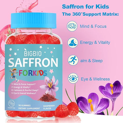 Saffron for Kids, Saffron Extract, Magnesium Glycinate, Omega-3, L-Theanine, Holy Basil, Rosemary, B6, D3 for Calm, Focus, Happy Mood, Cognition, Sleep, Sugar Free, 90 Gummies