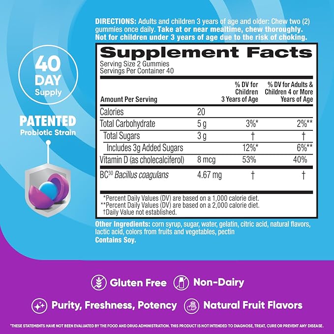 Digestive Advantage Probiotic Gummies For Digestive Health, Natural Fruit Flavors Vitamin D, Daily Probiotics For Women &Men Occasional Bloating, Minor Abdominal Discomfort & Gut Health, 80ct (2 Pack)