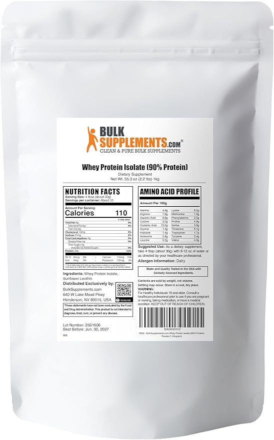 BulkSupplements.com Whey Protein Isolate Powder - Unflavored Whey Protein Powder, Nutritional Supplement - Gluten Free, 30g per Serving, 1kg (2.2 lbs) (Pack of 1)