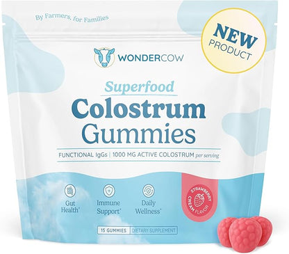 WONDERCOW Colostrum Gummies for Gut Health, Immune Support & Wellness | Natural IgG Whole Bovine Colostrum Supplement, 1,000mg per Serving (15 Gummies (5 Servings), Strawberry Cream)
