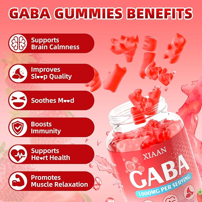 GABA Gummies 1000mg for Kids & Adults, Chewable GABA Supplements with L Theanine 5-HTP Ashwagandha Vitamins B6,B12,D3 for Calm & Zzz, Sugar-Free/Vegan, Strawberry Flavor 120 Count