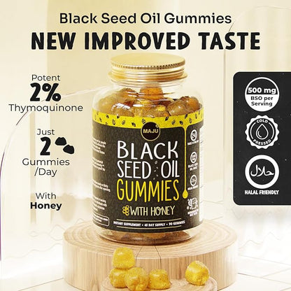 MAJU's Black Seed Oil Gummies with Honey 90ct, 500mg BSO Gummy, Black Cumin Seed Nigella Sativa Oil, Cold-Pressed, Potent Formula, 90ct (3-Pack)