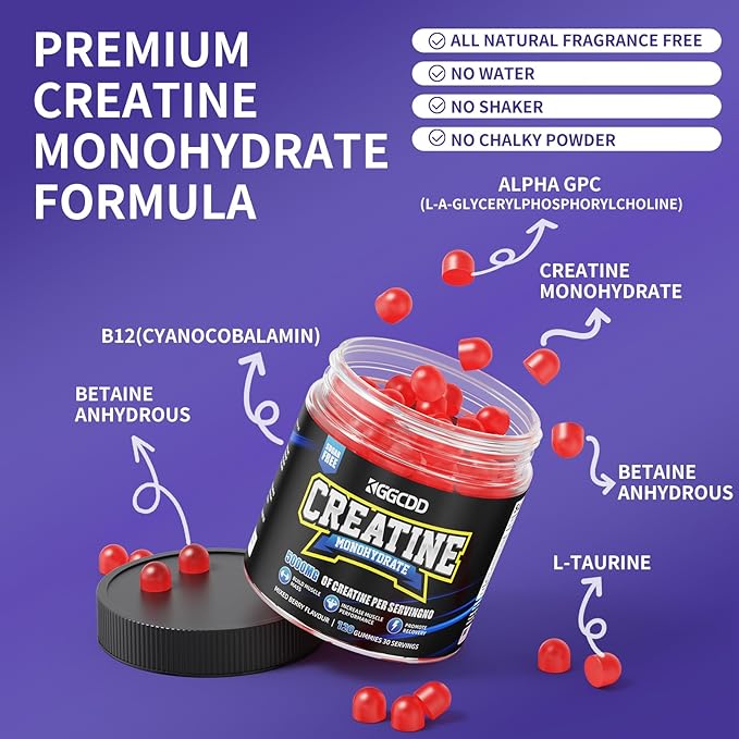 99.99% Creatine Monohydrate Gummies for Men & Women, 5,000mg Tasty Creatine Gummies for Muscle Strength, Endurance, Recovery & Sugar Free, Gluten-Free, Vegan, Non-GMO, 120 Count