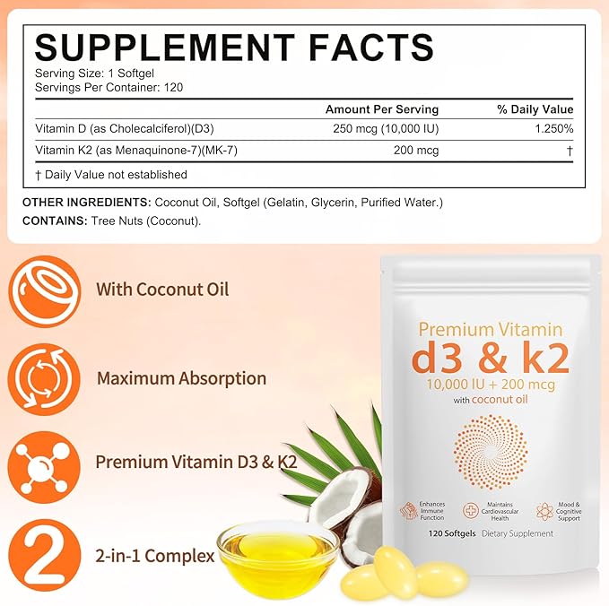 Daiasns Vitamin D3 K2 10000iu Supports Muscle & Brain Health -High-Potency D3 K2 Supplement Helps in Immune and Cardiovascular Support - 120 Softgels